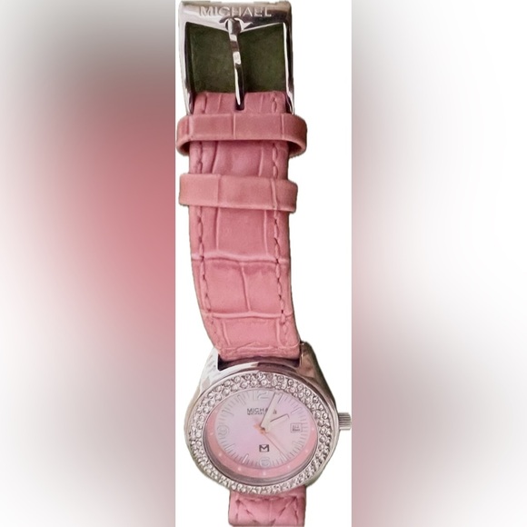 Michael Kors Pink Leather & Stainless Steel Silver Wrist Watch w/ Bling & Date - Picture 3 of 15